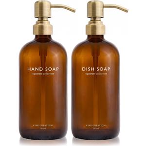 Vine Creations Amber Glass Soap Dispenser Set, Dish Soap and Hand Soap Dispenser Set with Stainless Steel Pump, 16 oz Glass Dispensers for Kitchen or Bathroom Decor (Amber Bottle/Brushed Brass Pump)