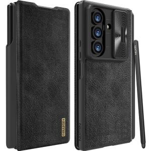 Nillkin for Samsung Galaxy Z Fold 7 Wallet Case with S Pen Holder & Stylus, [Slide Camera Cover][Hinge Protection] Premium Leather Shockproof Slim Cover Flip Phone Case for Galaxy Z Fold 7 Black