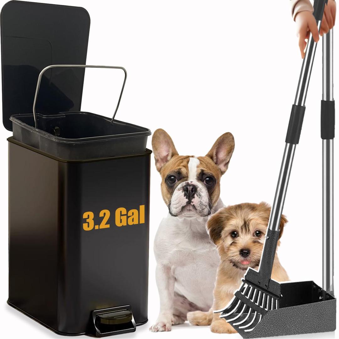 Metal Dog Pooper Scooper for Yard - 3.2Gal Dog Poop Trash Can Outside with Pedal - Pet Waste Container Outdoor - Stainless Steel Garbage Bucket with Lid - Trash Bin, Long Handle Tray and Rake - Black