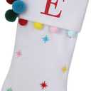 19.5 Inches Initial Monogram White Christmas Stocking Personalized, Embroidered Letter Fleece Christmas Stocking with pom poms Decoration for Family Christmas Holiday Party Decor-E