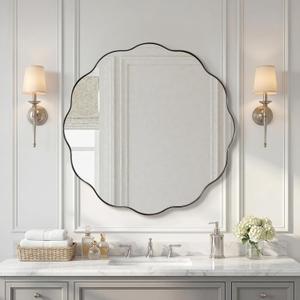 ANDY STAR Brushed Nickel Round Bathroom Mirror, 28 Inch Circle Mirror in Stainless Steel Metal Frame, Large Silver Round Vanity Mirror with Unique Wavy Design