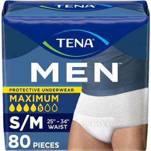 Tena Protective Adult Incontinence Underwear for Men, Maximum, S/M, 80 Count (Waist Size 25in34in)