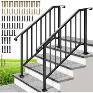 VIVOHOME 2-Pack Galvanized Steel Hand Rails for Outdoor Steps 40.6" Curved Ends and Safety Balusters Exterior Railing Kit for Porch, Deck, or Indoor Stairs (4-Step, Black)