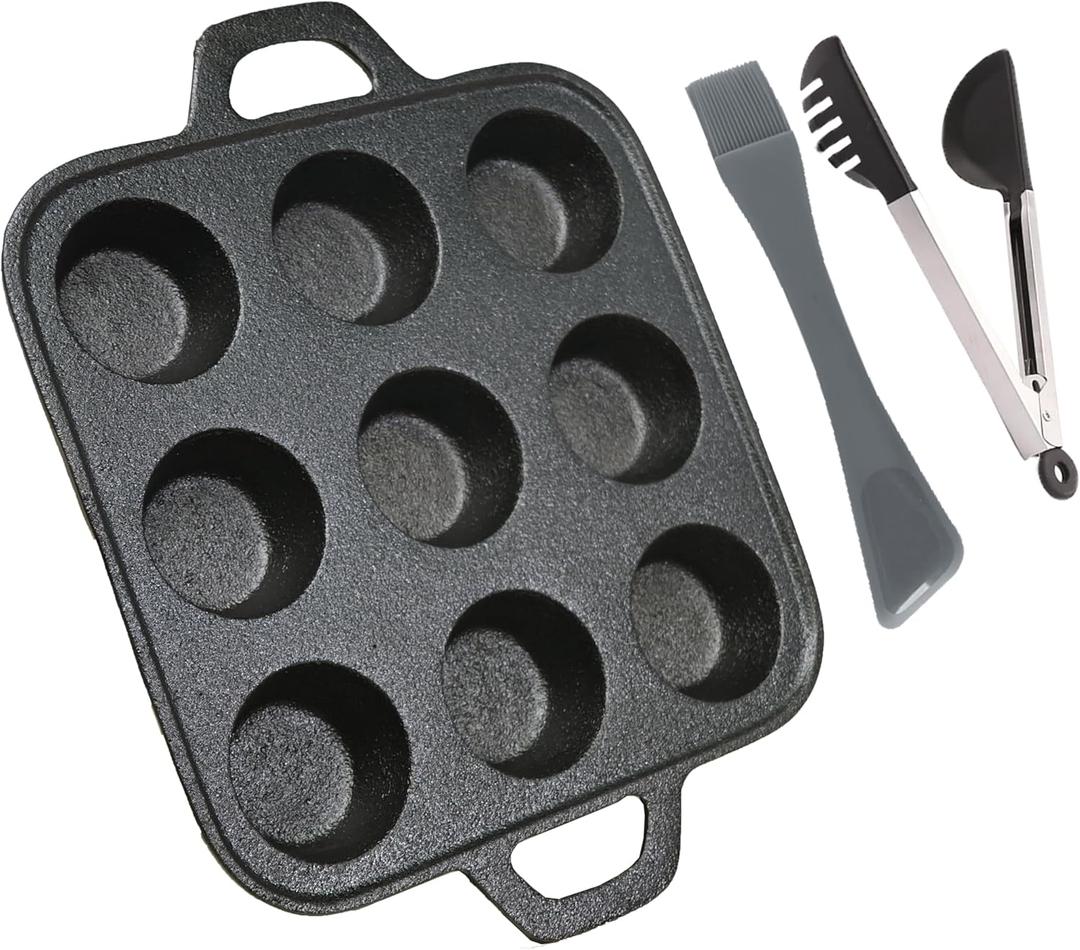 13Inch Cake Cast-iron Pan with1x10 inch dual-purpose oil brush, 1x10 inch semi-circular clip- 9 Cavity Circular Bakeware - Durable, Nonstick Cast Iron Cookware  Black (Two-piece set)