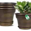 Plant Planters Pots Set of 4 Pack 8 Inch, Plastic Flower Pot For Indoor Plants With Drainage Holes & Trays, Resin Decorative Container Sets With Saucer For House Outdoor Garden Planters Dark Gold