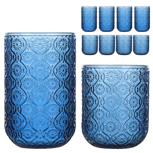 WeirdUncle Set of 12 Vintage Embossed Glassware,6  Highball Glasses 14oz & 6. Rocks Drinking Glasses 9oz, Blue, Art Deco, for Wine, Water, Cocktail, Juice, Whiskey, Gift