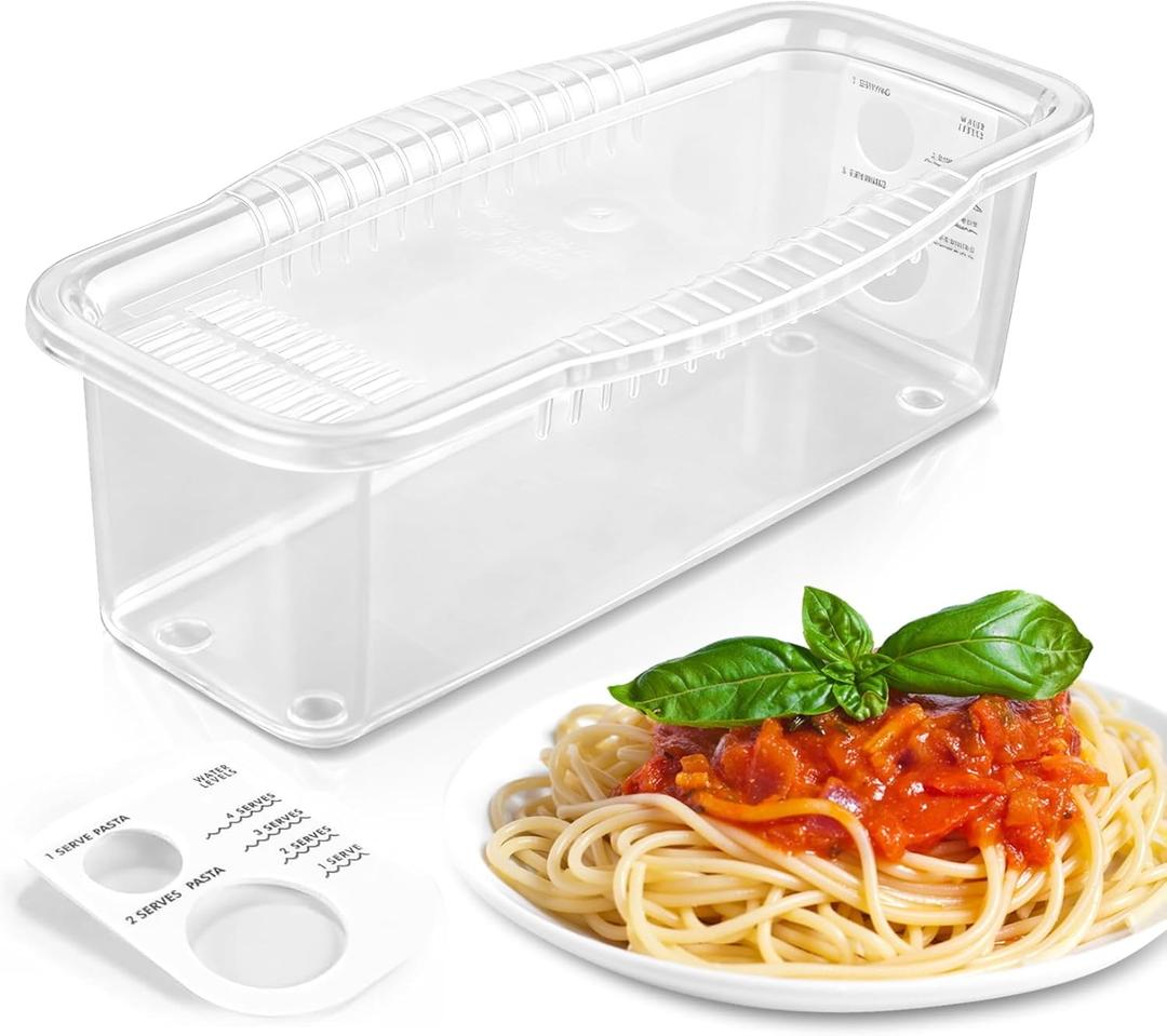 PCREGPAE Microwave Pasta Pot with Strainer Lid & Measuring Cup Clip Quickly Cook 1-4 Servings-No Mess, Sticking or Waiting For Boil, Pasta Cooker in Microwave for Dorm Kitchen Office College Essential (White)