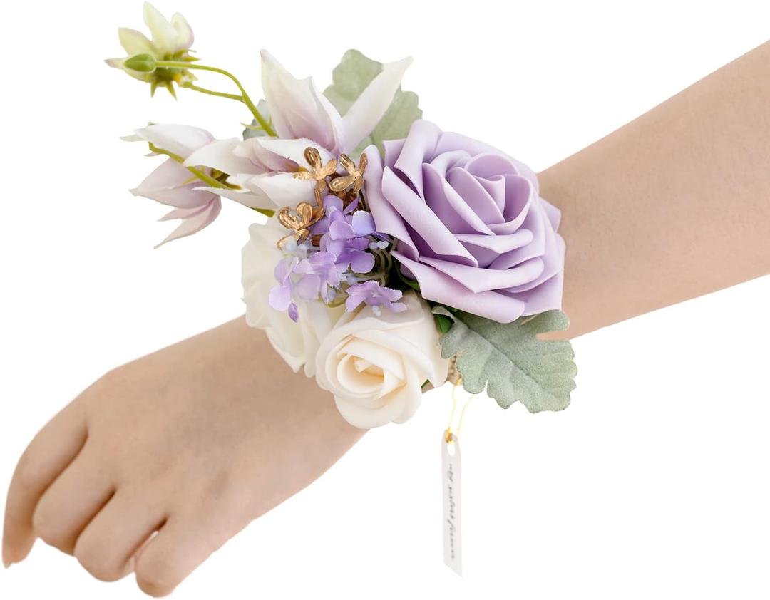 Ling's Moment 6pcs Wedding Wrist Corsage Artificial Flowers, Girl/Mother Homecoming Prom Corsages Wristlet Dcor, etc. Lilac Lavender Purple