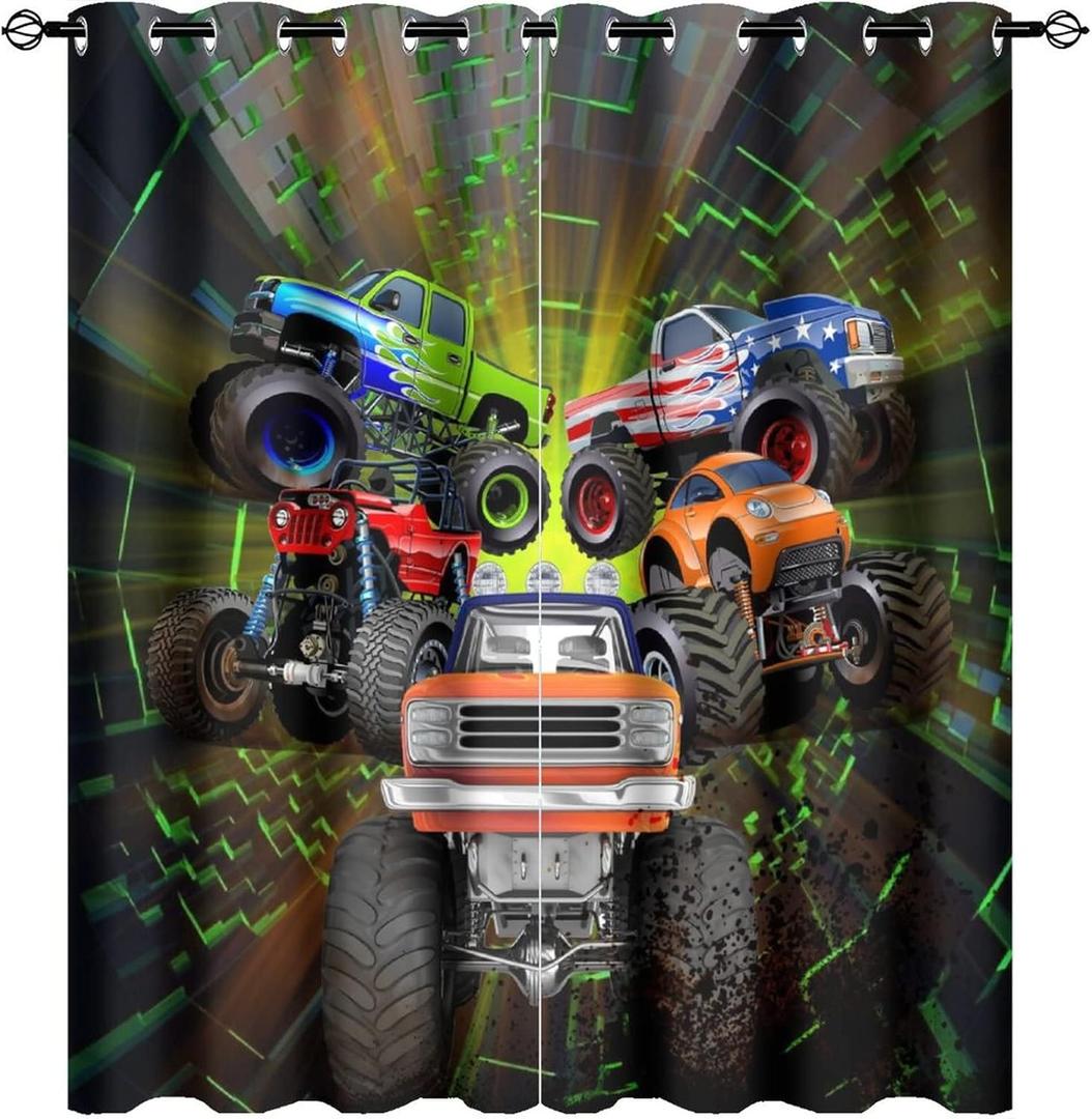 Cool Cartoon Monster Truck Ultra Soft Premier Blackout Curtains,Kids Boys Shabby Monster Trucks PrintThermal Insulated Bedroom Noise Reducing Patio Door Grommet Top,2 Panels 63L x 27.5W