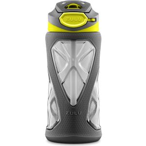 ZULU Torque 16oz Plastic Kids Water Bottle with Silicone Sleeve and Leak-Proof Locking Flip Lid, Soft Touch Carry Loop for School Backpack, Lunchbox, BPA-Free Dishwasher Safe, Grey/ Green