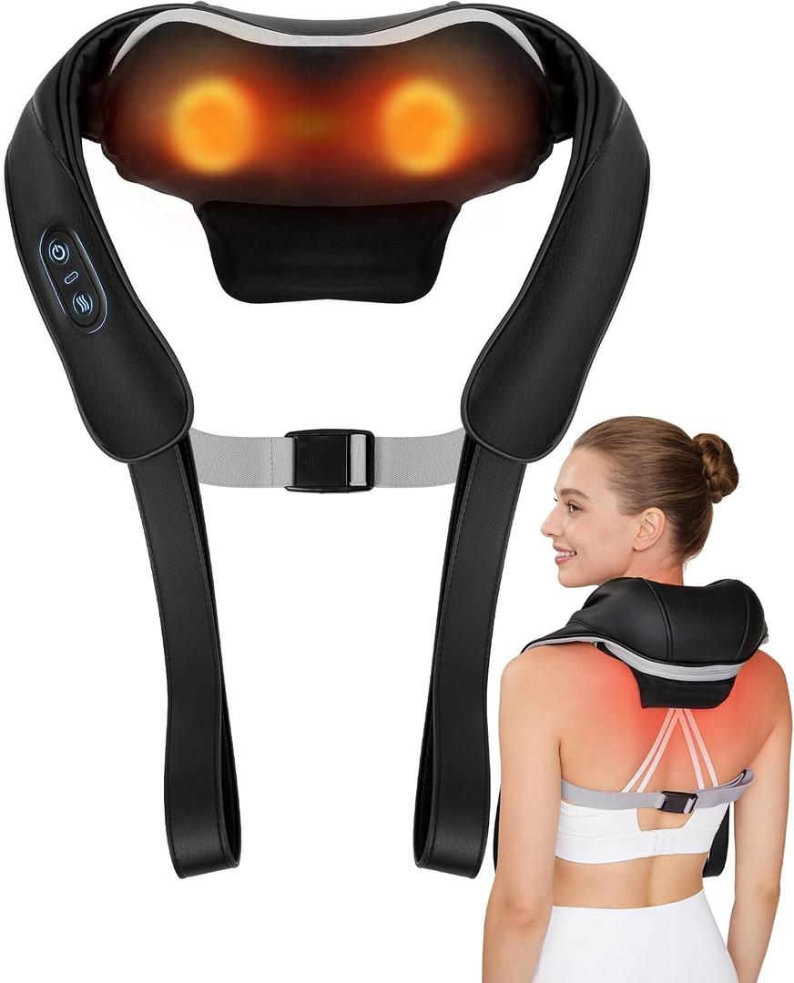 Neck Massager with Heat Cordless: Shiatsu Back Shoulder Massage Tools for Pain Relief Deep Tissue Electric 4D Kneading for Muscle Remedy Lymphatic Drainage Gifts for Men Women Mom Dad (Black)