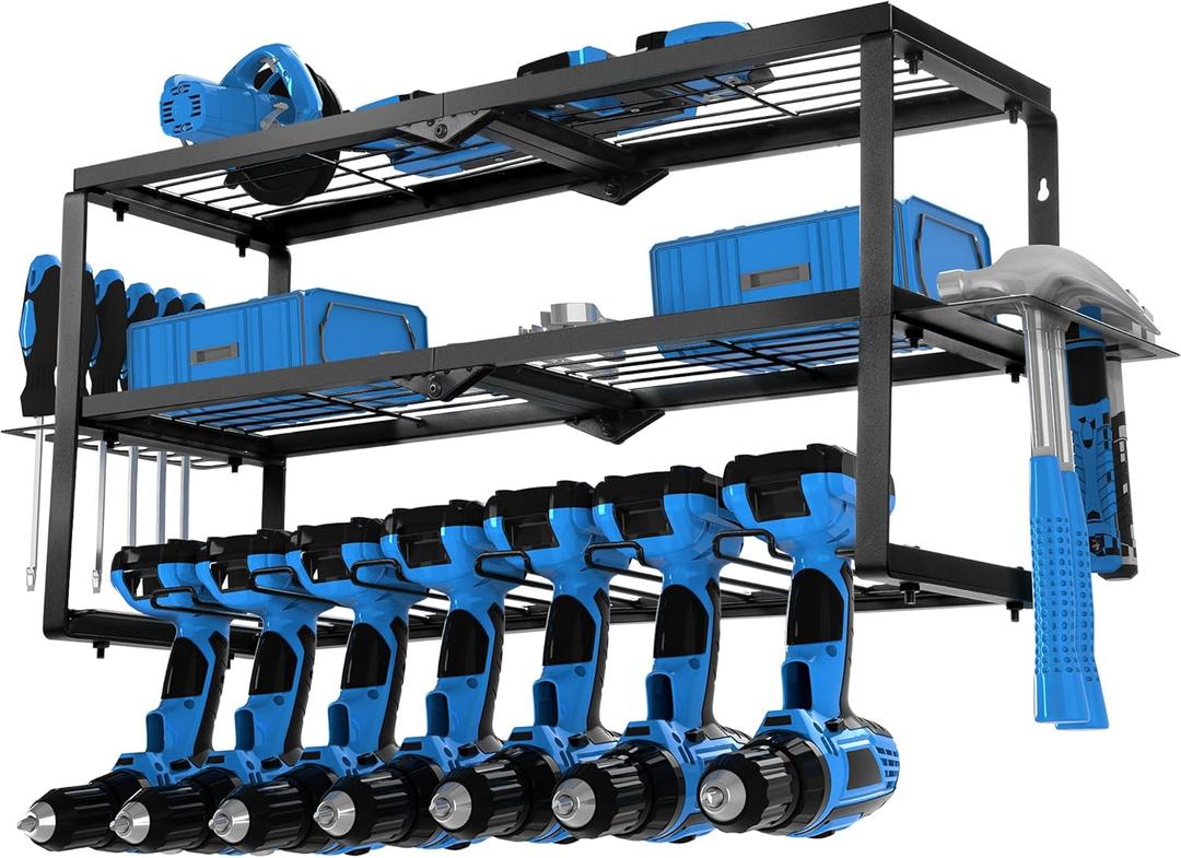Power Tool Organizer Wall Mount, Power Drill Tool Holder, Heavy Duty Metal Tool Shelf & 3 Layers Drill Holder, Tool Shelf and Storage Rack for Garage Organization, Tool Room with 2 Side Pegboards