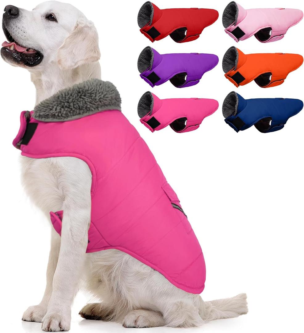 MIGOHI Warm Dog Winter Coat - Winter Dog Jacket, Reflective Windproof Fleece Vest with Leash Hole and Furry Collar (Medium, Pink)