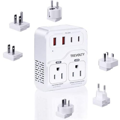 TREVOLTY 2000W Voltage Converter US to Europe for Hair Dryers, 7-in-1 220V to 110V Converter for European Travel with 3 AC/2 USBA/2 USBC Ports (PD20W), Universal Travel Adapter (White)