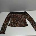 SHENHE Women's Off The Shoulder Leopard Top Lace Long Sleeve Slim Fit Y2k Going Out Crop Top (Medium, Brown)