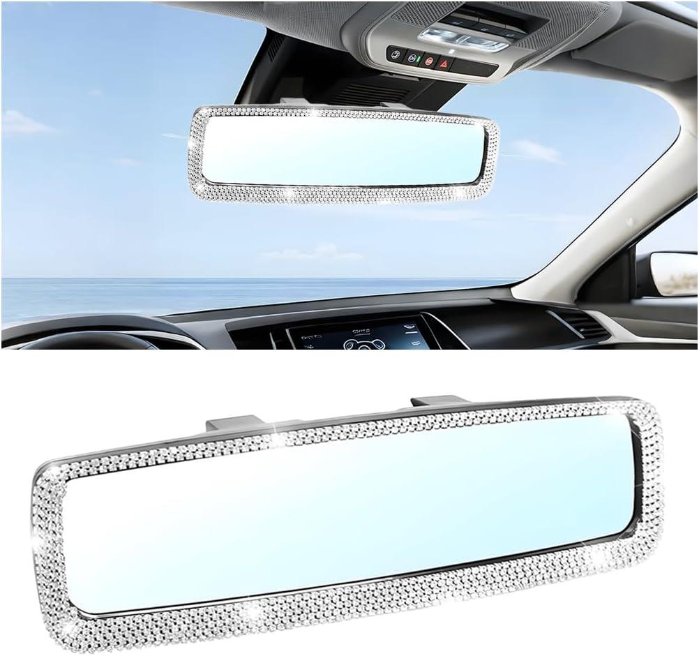 Bling Car Rear View Mirror, Crystal Rhinestone Wide Angle Clip-On Vehicle Rearview Mirror with HD Glass for Women & Girl, Automotive Decorations, Universal for SUV Sedan Truck (Silver)