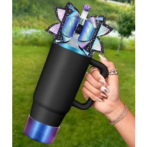 2 x Toykee Bow Straw Topper with Cup Bootfor Stanley 40 30 oz - Bling Black Purple Bow and Diamond Cover Caps with Bottom Protector 3 PCS Sets for Tumbler Accessories