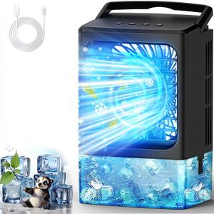 Mini Air Conditioner, Portable Air Conditioners, Evaporative Air Cooler Humidifier, 3 Speed Quiet Personal Cooling Fan, 7-Color LED Night Light, 4/8H Timer for Bedroom, Office, Camping, Room, Home