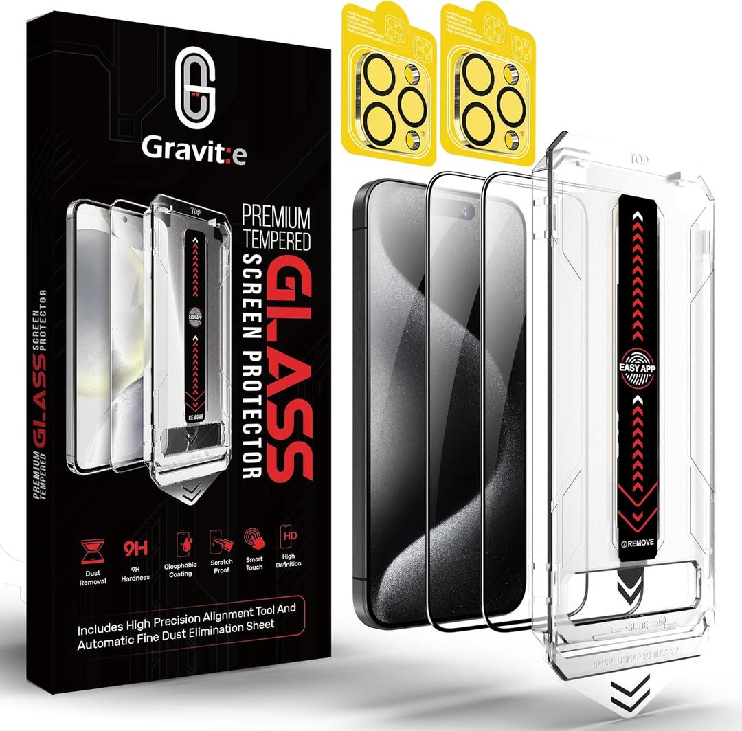 Gravit:e Screen Protector for iPhone, 9H Tempered Glass, Smart Installation Tool, Automatic Fine Dust Removal and Camera Protector 2 Pack (iPhone 15ProMax)