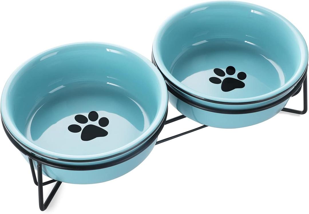 GDCZ Ceramics Raised Cat Small Dog Bowls with Heighten Metal Stand for Pet Food 15 Ounces, Turquoise