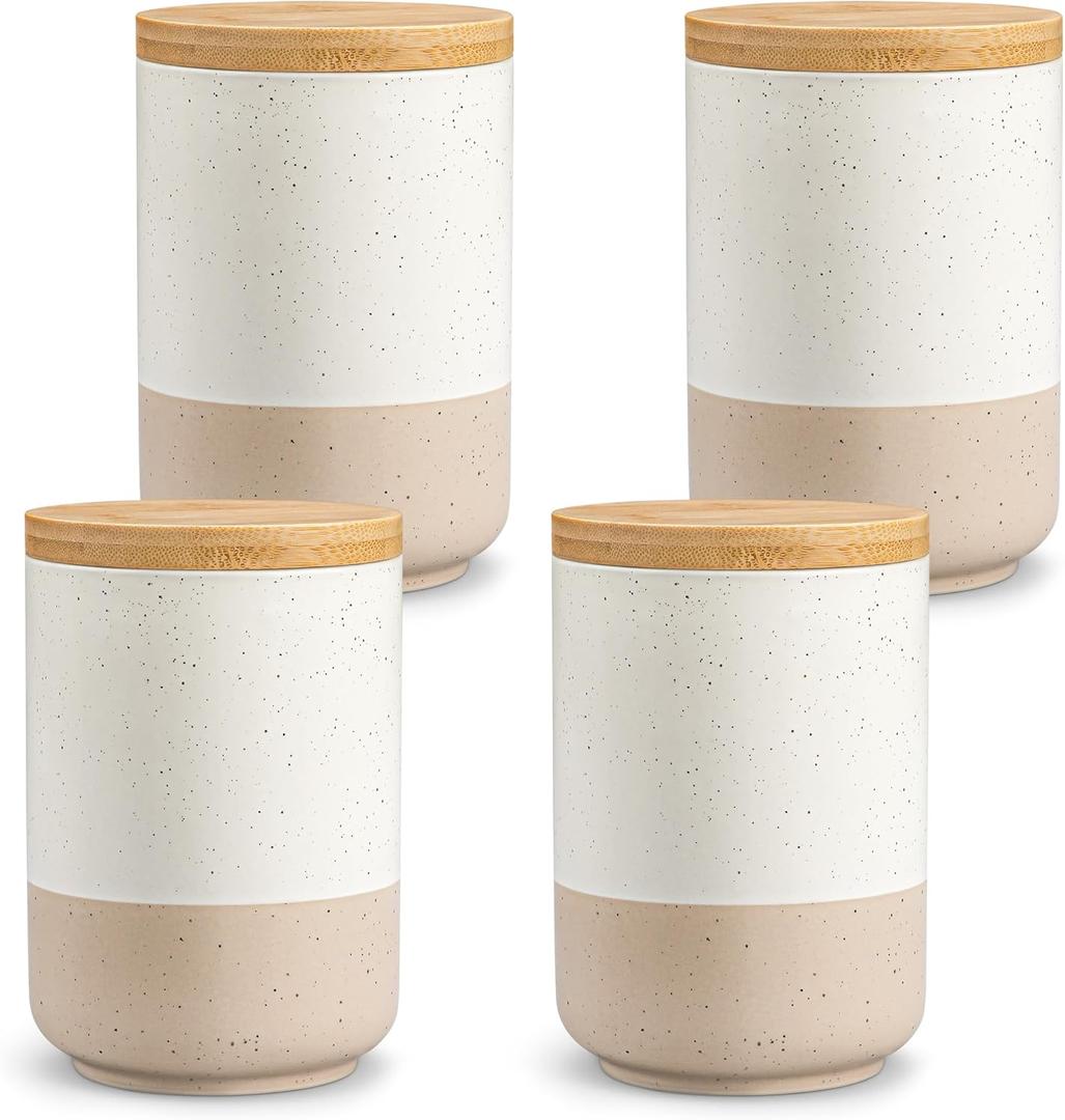 vancasso Sabine Ceramic Canister Set with Airtight Wood Lids - 4-Piece Small Kitchen Storage for Coffee, Sugar, Tea & Spices (18 oz Each) - Compact Countertop Jars