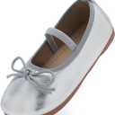 Toddler Girls Dress Shoes Mary Jane Flats School Uniform Oxfords Wedding Party Bow Flower Shoes Comfort Loafers (Silver), Size 31