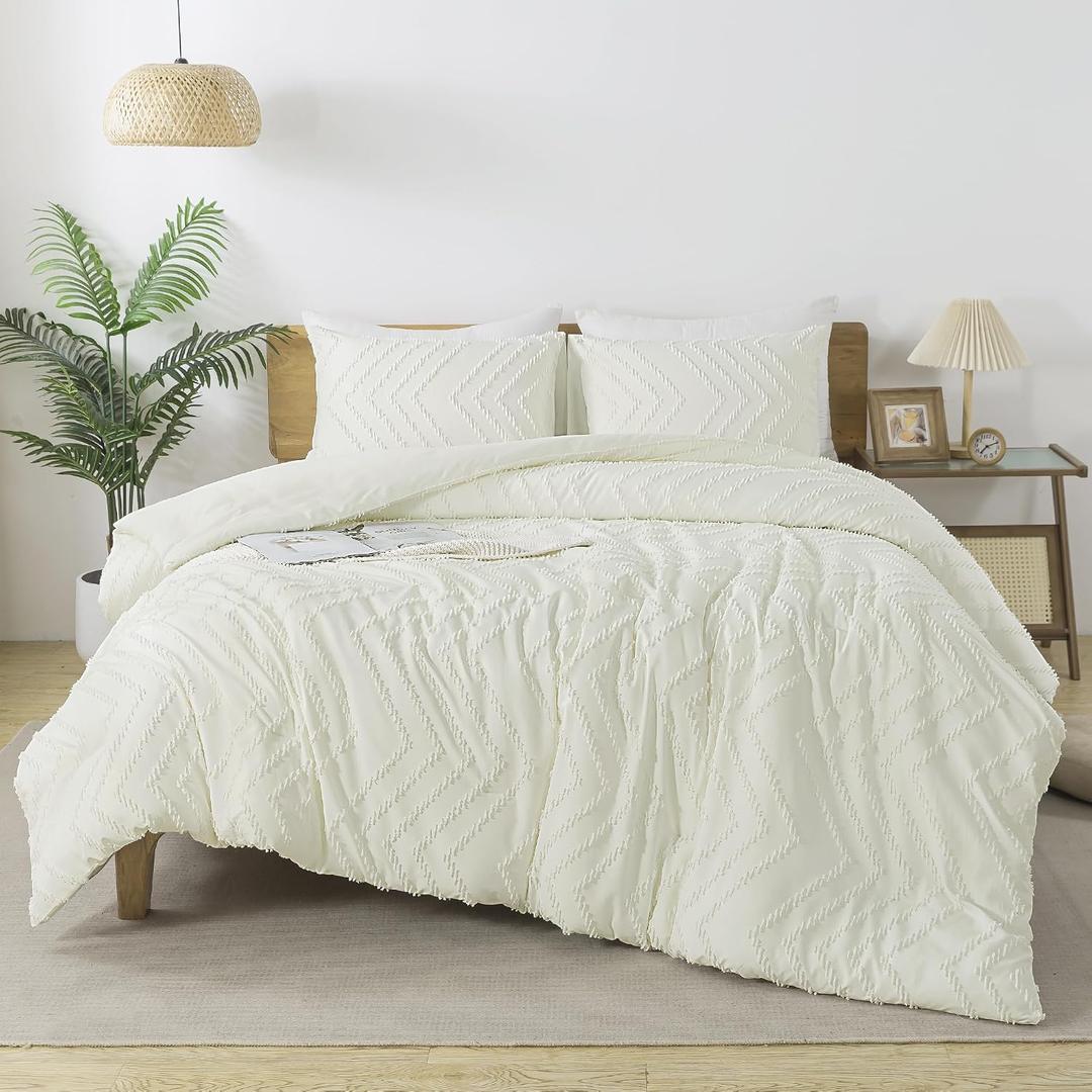 Andency Ivory Comforter Set King Size, Boho Soft Warm Tufted Bedding Comforter Sets for King Size Bed, 3 Pieces Aesthetic Chevron Farmhouse Cute Bohemian Textured Bedding Set