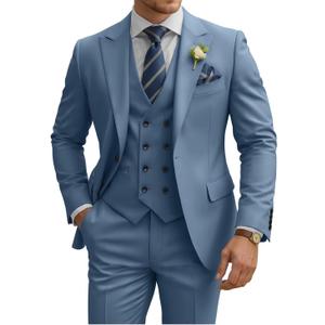 Mens Suit 3 Piece Slim Fit Suits for Men Double Breasted Suit Wedding Prom Suits Formal Business Dinner Tuxedo (Dusty Blue, XXL)