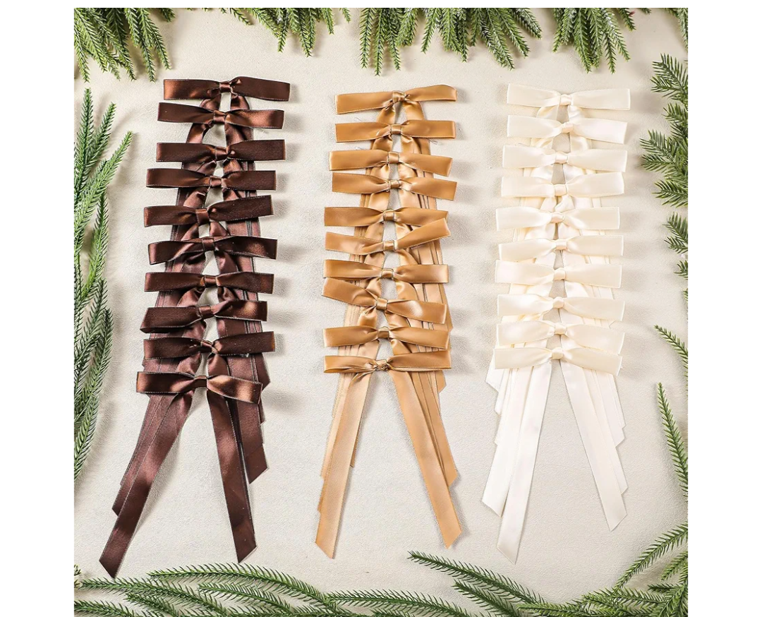 30 Pcs Christmas Tree Bows Decorations Satin Ribbon Bows for Wreath Neutral Bow Ornaments for Tree Topper, Garland, Ornament, Staircase Decor(Light Khaki, Dark Khaki, Champagne)