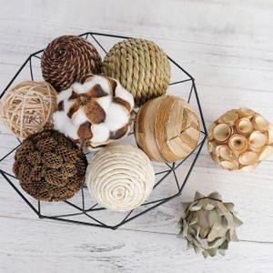 Decorative Balls Spherical Assorted 9pcs Brown White Orbs Rustic Natural Twig Rattan Woven Cotton Balls for Vase Bowl Filler Tabletop Decor Home Party Wedding Display