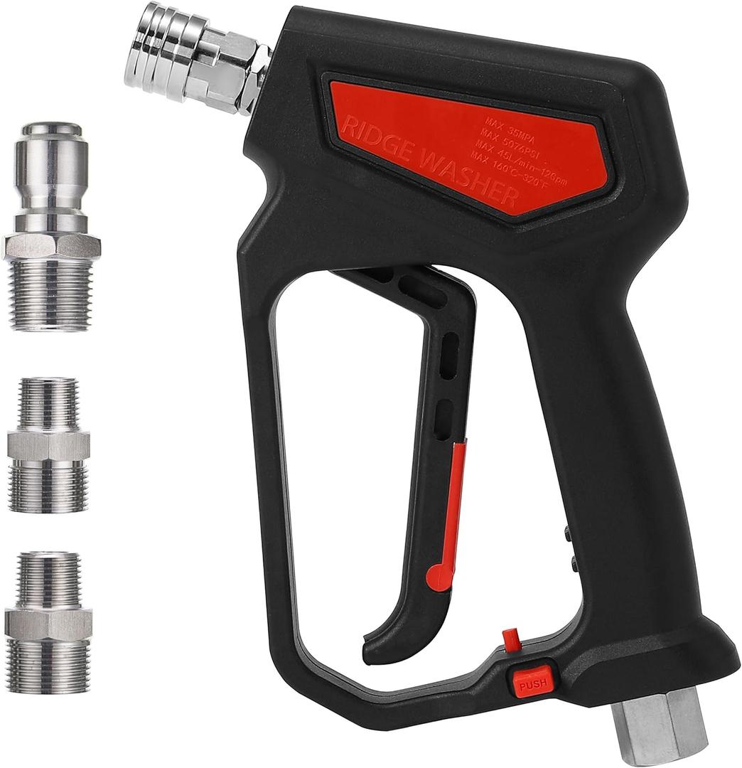 RIDGE WASHER Pressure Washer Gun 5000 PSI, 12 GPM, High Pressure Spray Gun with 1/4" Quick Connector, 3/8'' Quick Connect, M22-14 mm and M22-15 mm Fitting (Short Gun Swivel)