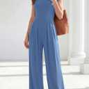 PRETTYGARDEN Summer Jumpsuits for Women Dressy Casual | Soft Ribbed Fabric, Crewneck Cap Sleeve, Back Zipper, Pockets, Wide Leg Pants Rompers, One Piece Outfits, Work Office Clothes (Blue, XXL)
