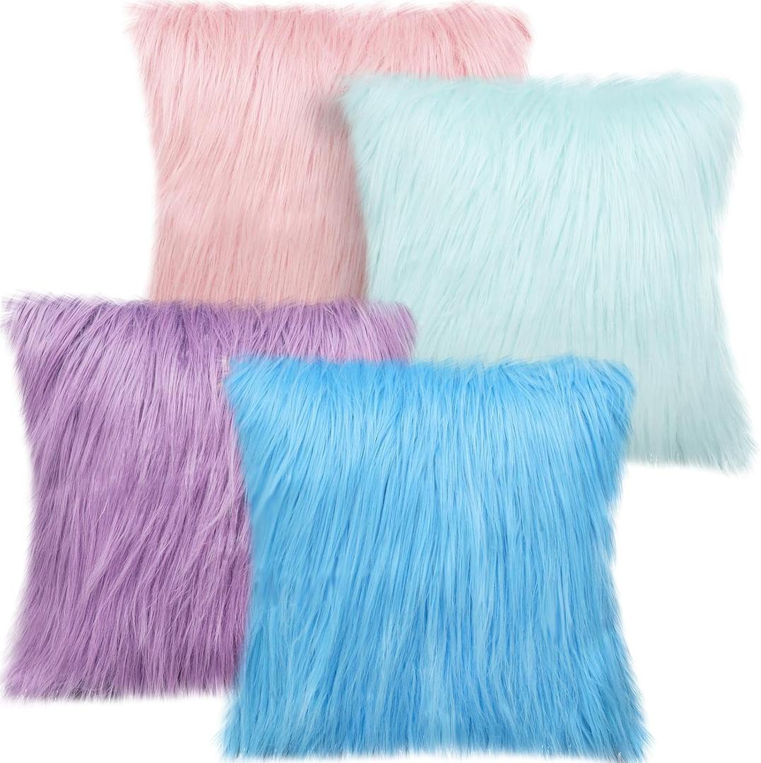 Irenare 4 Pack Faux Fur Throw Pillow Covers Square Cushion Cover Fuzzy Pillow Case Soft Decorative Pillowcase for Sofa, Couch, Chair, Bed, 16 x 16 Inch (Purple, Blue, Pink, Green)
