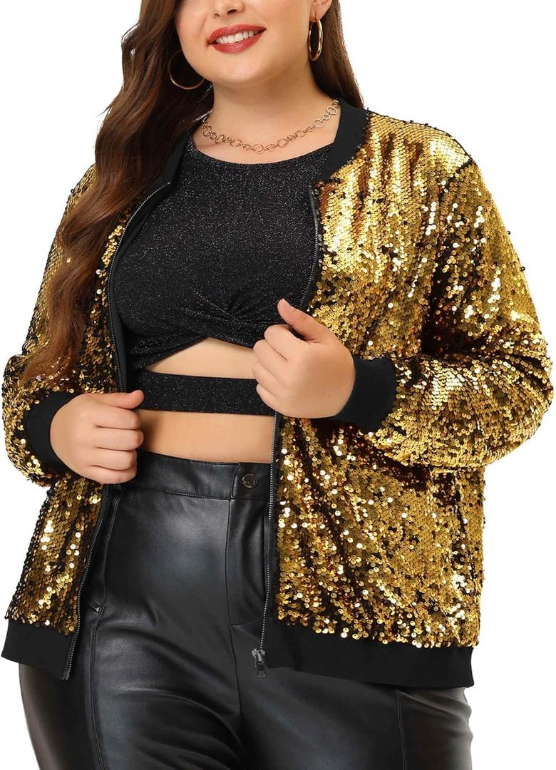 Agnes Orinda Plus Size Sequin Bomber Jackets for Women 2025 Sparkle Shiny Glitter Party Concert Outfits (4X, Gold)