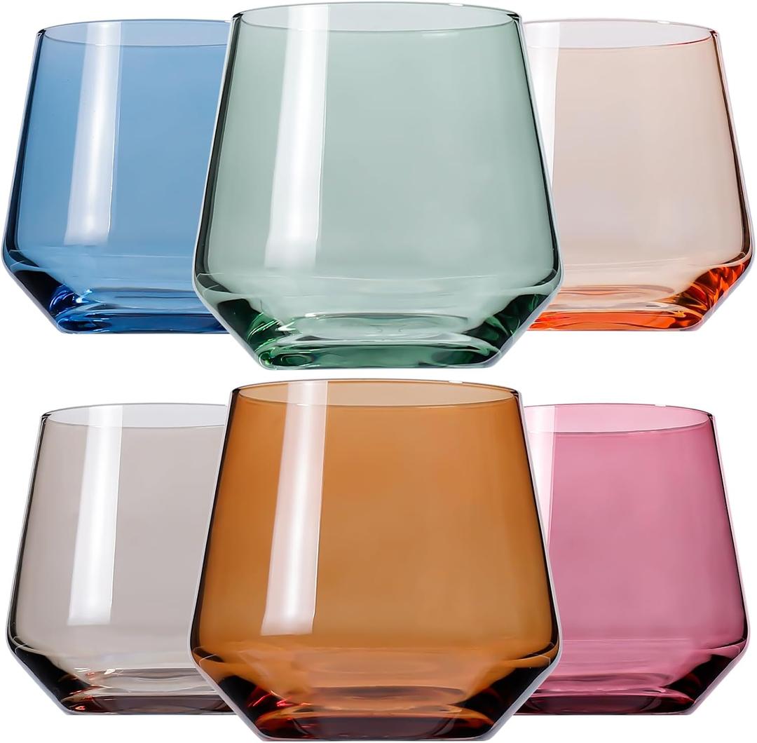Physkoa CLUSIVC Colored Stemless Wine Glass Set of 6-14oz Wine Glasses, Stemless Drinking Glasses for Wine, Cocktails & Beverages - Elegant Glassware for Home, Bar & Holiday Use