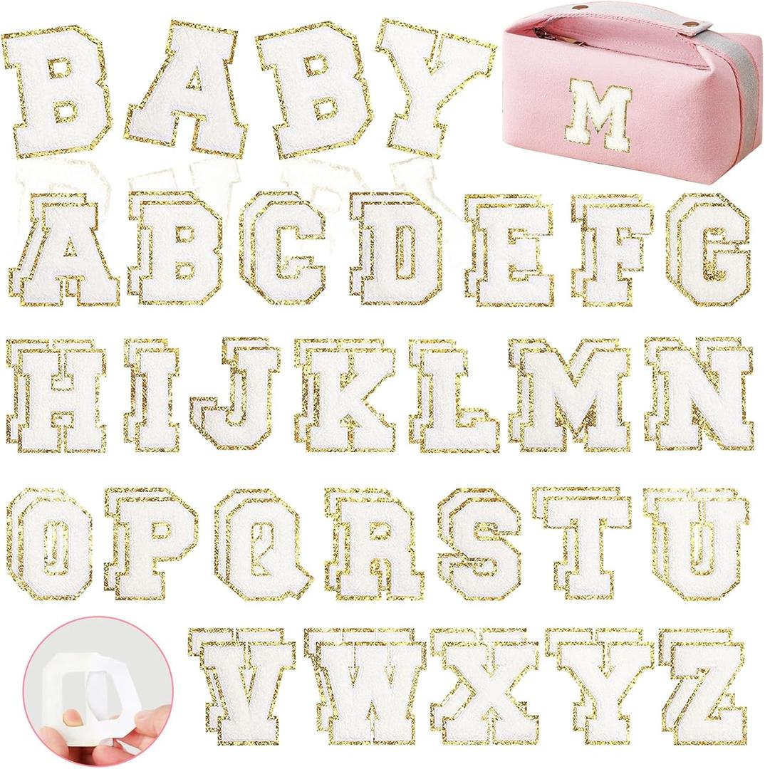 Self-Adhesive Chenille Letters Patches, 52PCS White Letter Stickers on Patches Varsity Letter Patches for Clothing Jackets Backpacks Hats Repair Alphabet Embroidered Applique