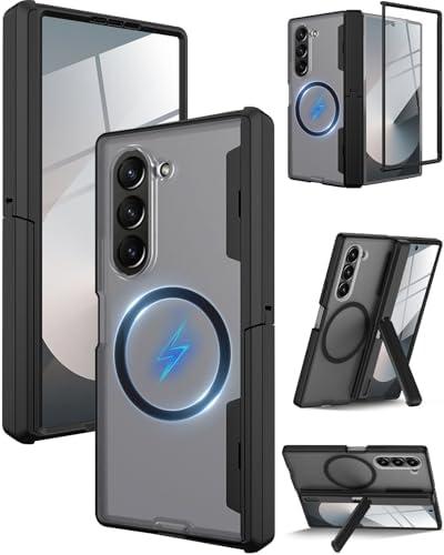 Miimall Magnetic for Galaxy Z Fold 7 Case with Magsafe Screen Protector, [Built-in Invisible Kickstand & Hinge Protection] Translucent Matte Shockproof Grip Magnet Phone Case for Fold 7 Cover, Black