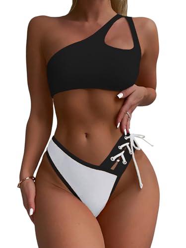 YELAIVP Women's Bikini Sets One Shoulder High Waisted Two Piece Swimsuit Lace Up High Cut Bathing Suit XL