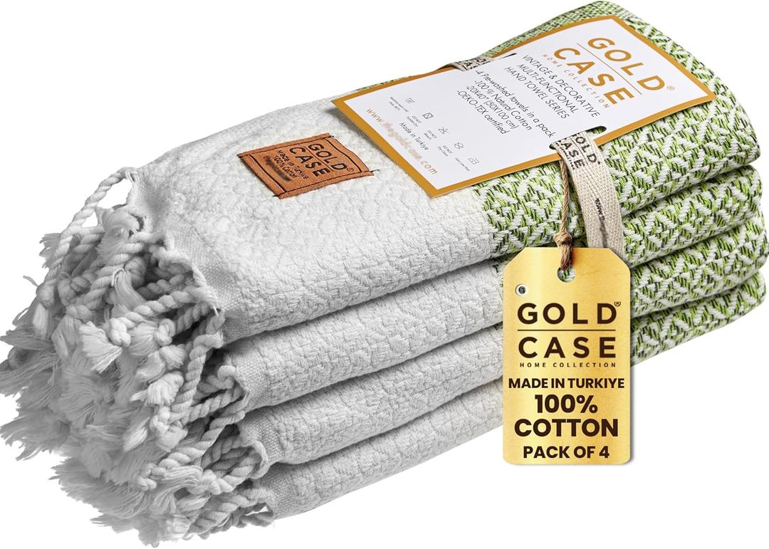 Gold CASE Turkish Hand Towels for Bathroom Set of 4 – 20 x 40'' – 100% Cotton Bathroom Towels – Aphrodite Kitchen Small Towel for Spa, Face, Tea & Dishcloth – Decorative Patterned Weave – Pistachio