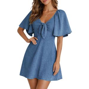 BISUAL Womens Denim Dress Bow Tie V Neck Flutter Sleeve Summer Casual Jean Dresses 2026 Western Outfits (X-Large, Blue)