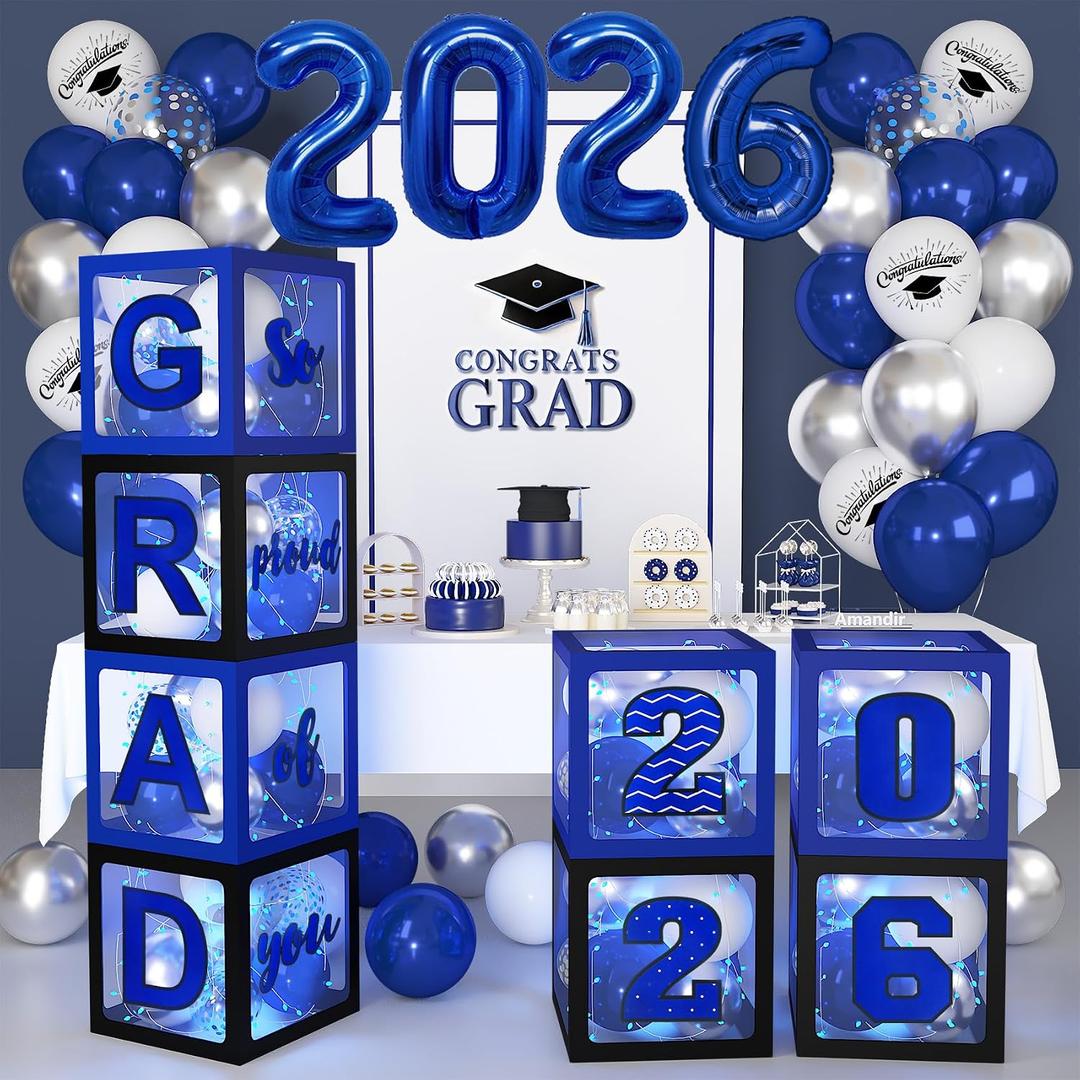 141Pcs Graduation Party Decorations 2026 Balloon Boxes Blue and Sliver Balloon Arch Garland Kit for College School So Proud of you Class of 2026 Graduation Party Supplies