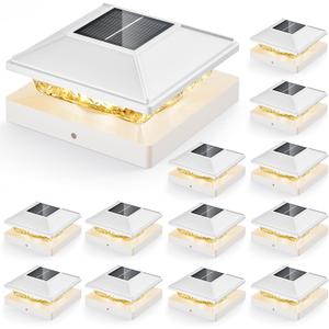 Post Cap Lights 12pack, 4x4 Deck Fence Post Solar Lights Outdoor with Warm White Lighting,White Waterproof Solar Post Lights for Vinyl/Wood Posts to Decorate Fence, Deck,Garden, Patio