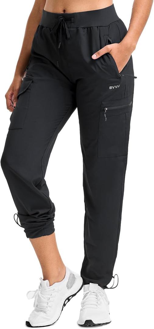 BVVU Women's Hiking Pants Lightweight Quick Dry Travel Outdoor Pants Waterproof Work Cargo Joggers with Zipper Pockets (XX-Large, Black)