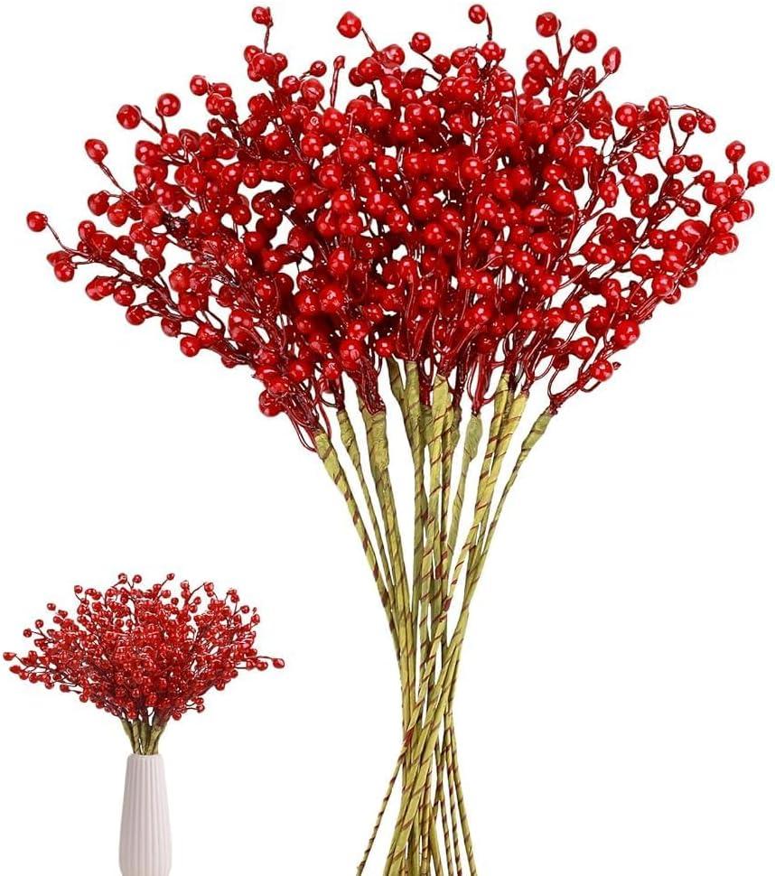 24 Pack Artificial Red Berry Stems Holly for Christmas Tree Decorations for Crafts, Holiday and Home Decor