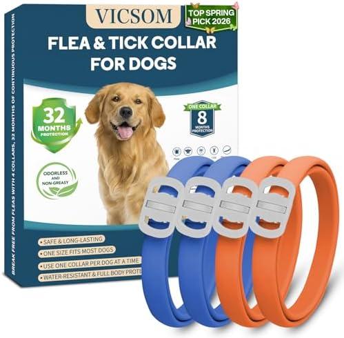 Dog Flea and Tick Collar 4 Pack, Waterproof Adjustable Collar for Dogs and Puppies, 32-Month Prevention, Blue & Orange