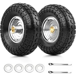4.10/3.50-4 Flat Free Tire and Wheel, 2 Pack 10" Solid PU Heavy Duty Tires with 300LB Load Capacity, 5/8" Axle Bore Hole & 2.2" Offset Hub for Wagon Dolly Garden Cart Wheelbarrow Parts