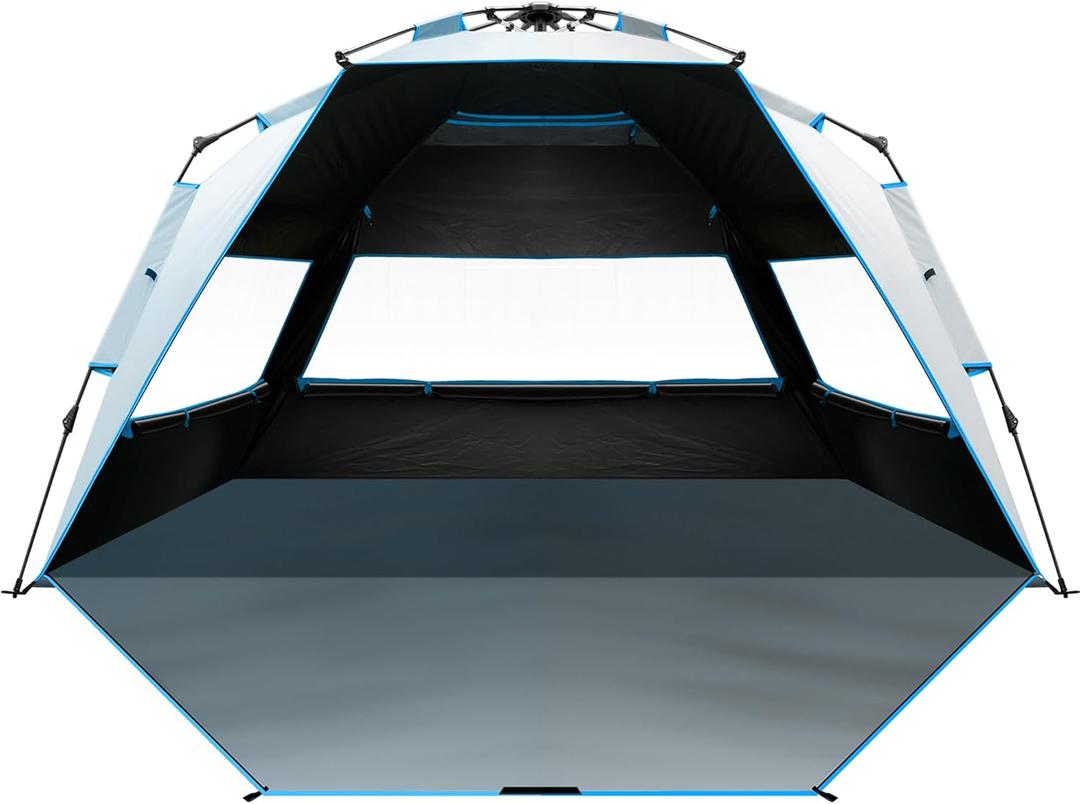 OutdoorMaster Beach Tent with Blackout Shelter Technology, Portable Sun Shade Shelter 4 Person, Pop Up Beach Tents with UPF 50+ UV Protection, 9.5mm Thick Pole, 3 Ventilating Mesh Windows