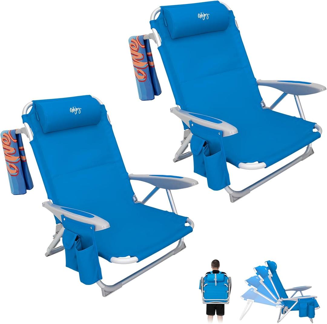 #WEJOY Folding Beach Chair for Adults, 4-Position Aluminum Lightweight Beach Chair, Low Sands Chairs with Shoulder Strap, Cup Holder and Padded Headrest, Supports 265lbs for Lawn count of 2