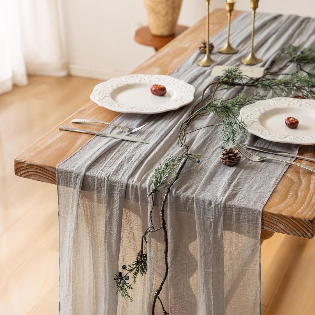 Grey Gauze Rustic Cheesecloth Table Runner 120 Inch 10 FT for Wedding Baby Shower Bridal Shower Birthday Engagement Garden Outdoor Party Long Sheer Boho Decorations