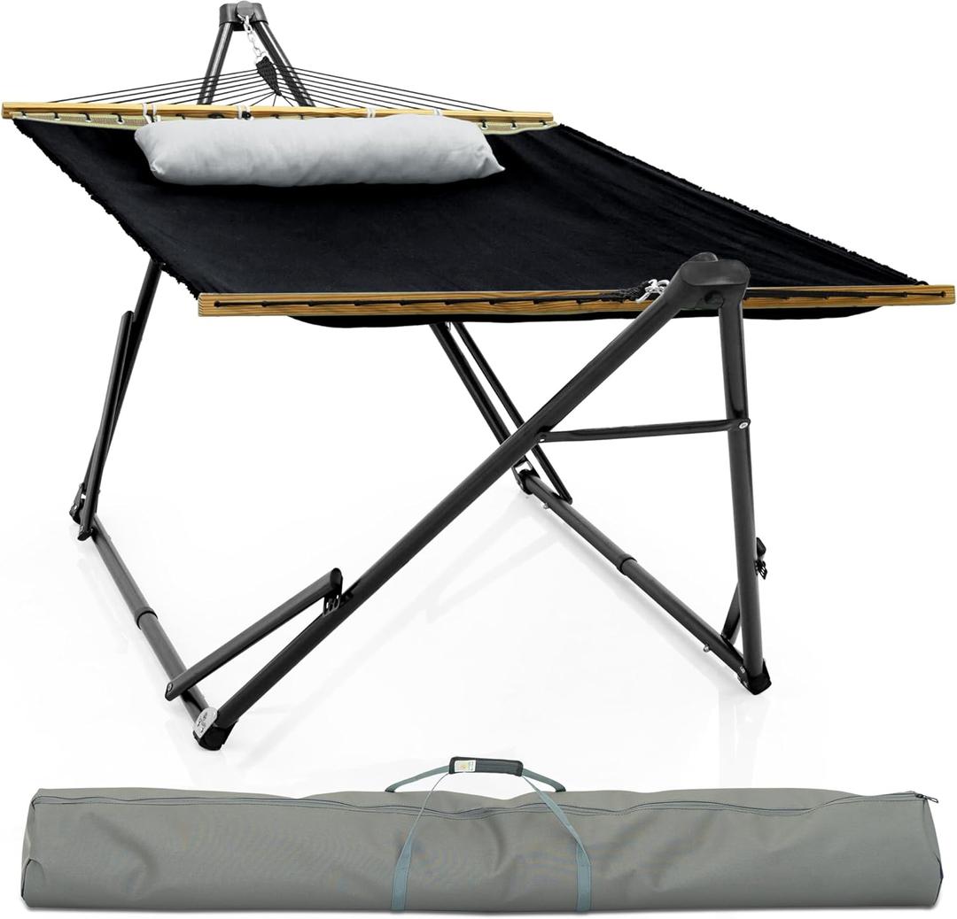 Tranquillo Unity Signature Steel Hammock Stand  800 lbs Heavy-Duty Frame with Smooth, Noiseless Swing, Pre-Assembled for Quick Setup, Perfect for Indoor & Outdoor Relaxation; Black (Large, 4. Black Canvas)